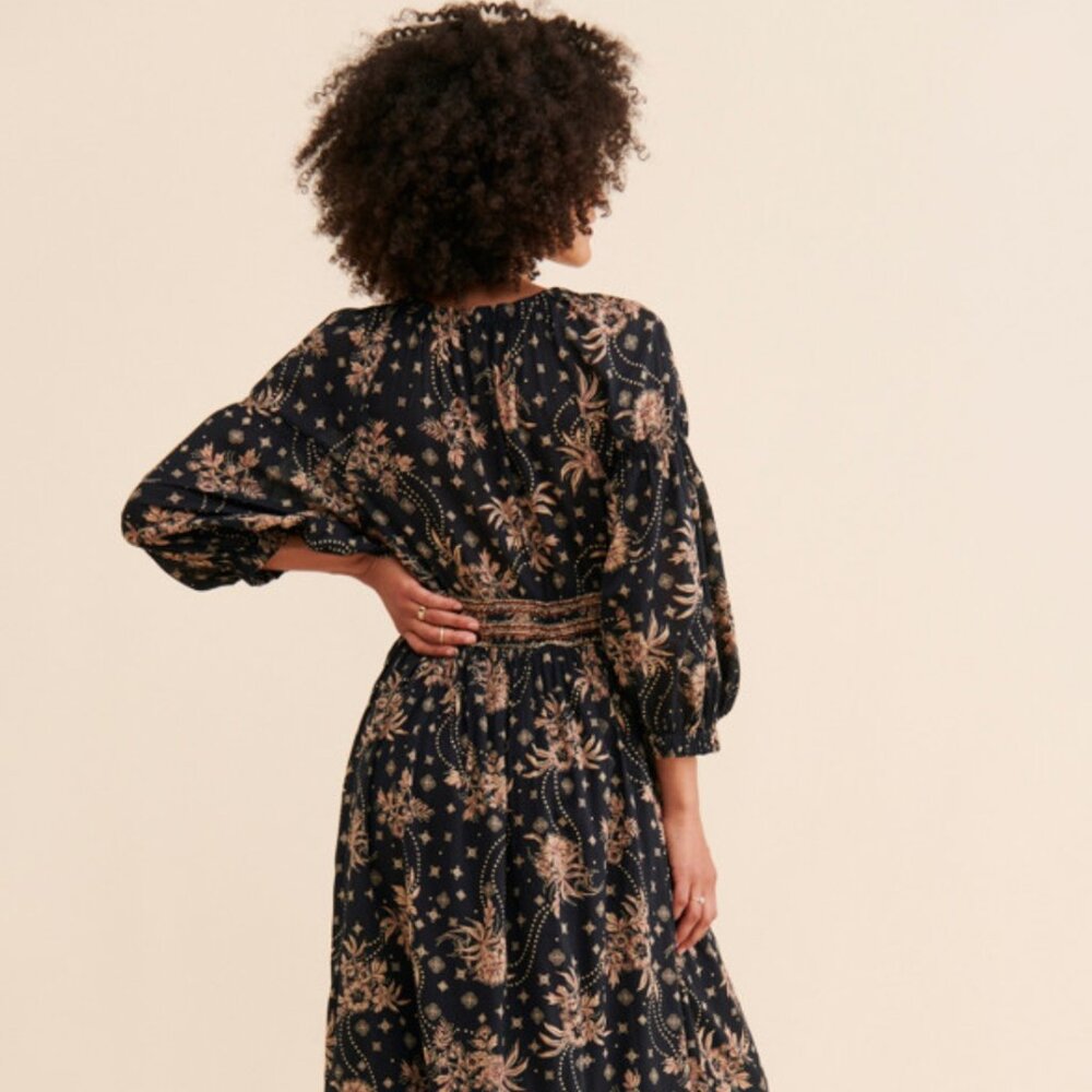 Free People Golden Hour Border Maxi Dress Boho Puff Sleeves Floral  Size XL
